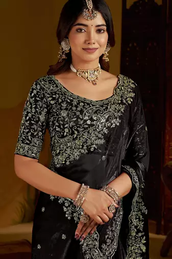 Choclate color satin silk saree with heavy embroidered work