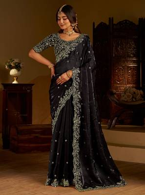 Choclate color satin silk saree with heavy embroidered work 5