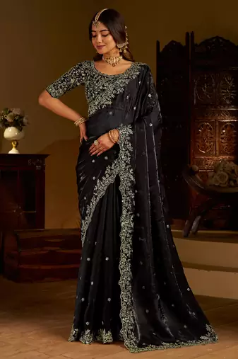 Choclate color satin silk saree with heavy embroidered work