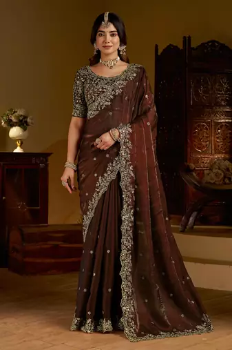 Green color satin silk saree with heavy embroidered work