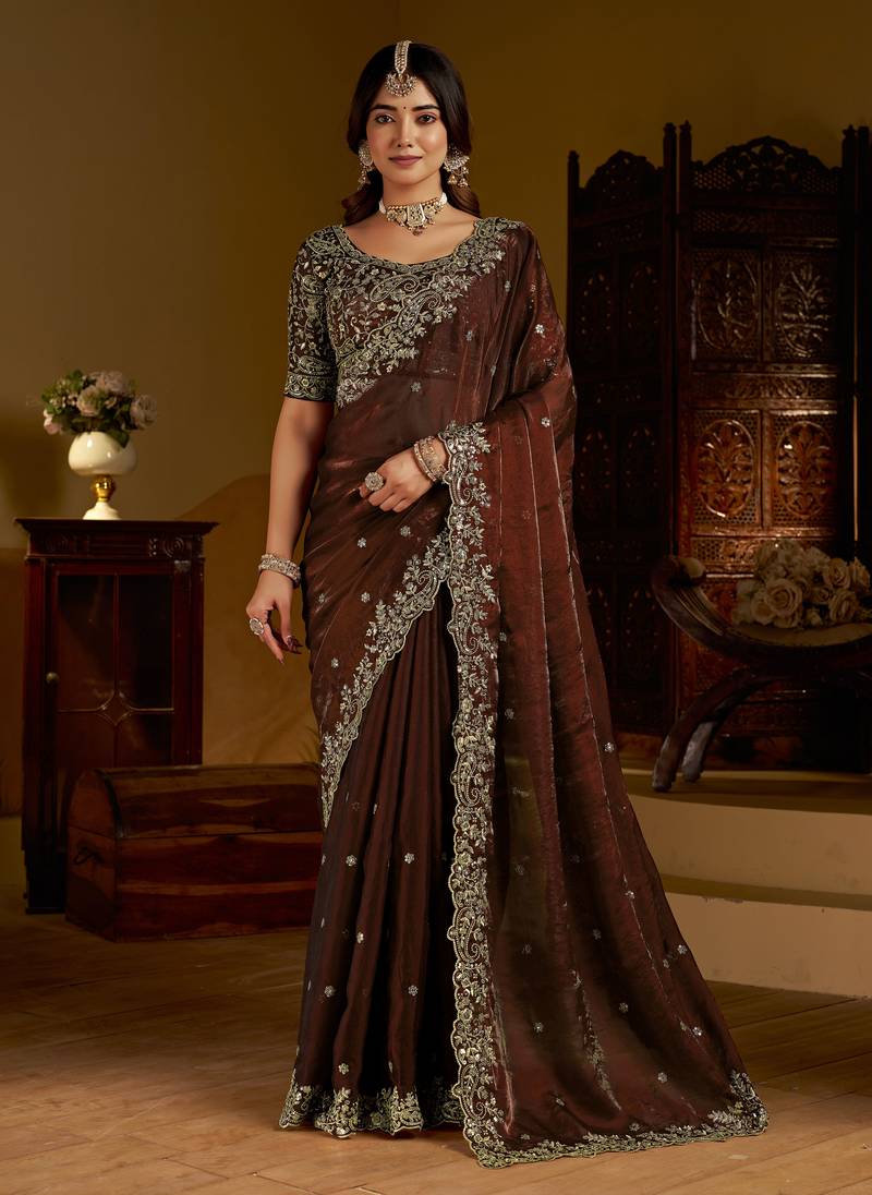 Green color satin silk saree with heavy embroidered work