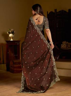 Green color satin silk saree with heavy embroidered work 2