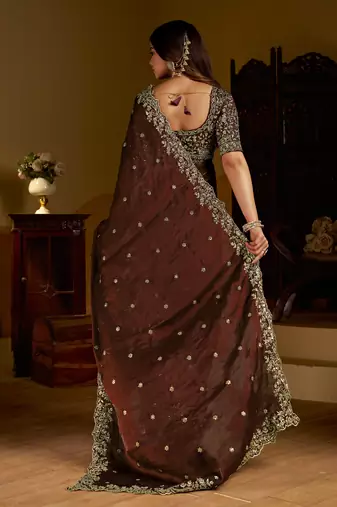 Green color satin silk saree with heavy embroidered work