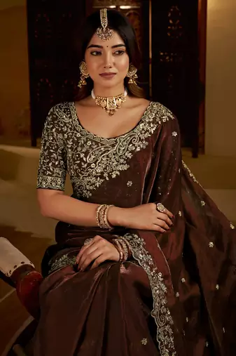 Green color satin silk saree with heavy embroidered work