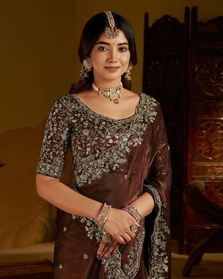 Green color satin silk saree with heavy embroidered work 4