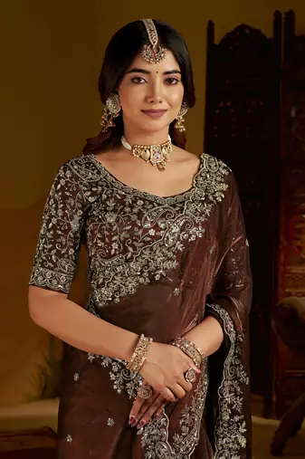 Green color satin silk saree with heavy embroidered work