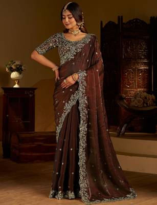 Green color satin silk saree with heavy embroidered work 5