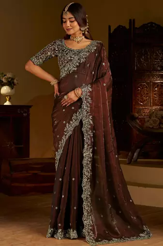 Green color satin silk saree with heavy embroidered work
