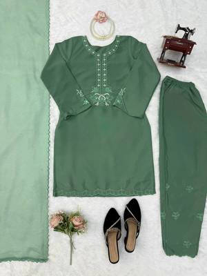 olive green  silk blend thread work salwar suit 5