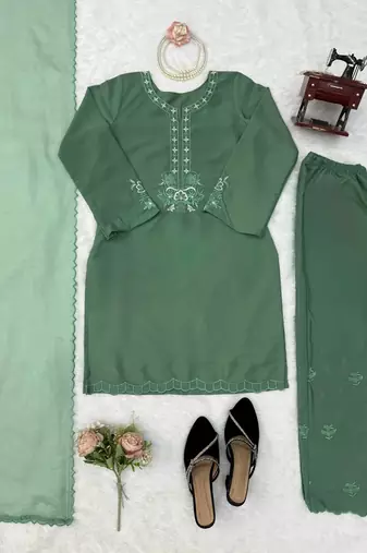 olive green  silk blend thread work salwar suit