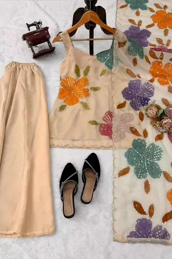 cream organza silk blend sequence work plazzo suit