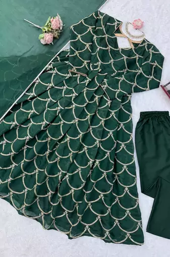 green  silk blend thread with sequence anarkali suit