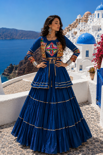 Navy Blue Pure Cotton Gamthi Work Navratri Lehenga Choli with Koti