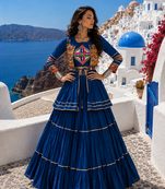 Navy Blue Pure Cotton Gamthi Work Navratri Lehenga Choli with Koti