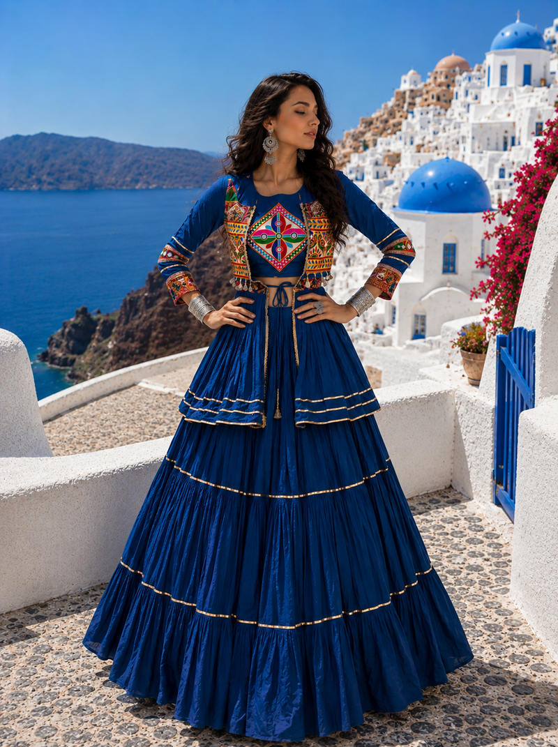 Navy Blue Pure Cotton Gamthi Work Navratri Lehenga Choli with Koti