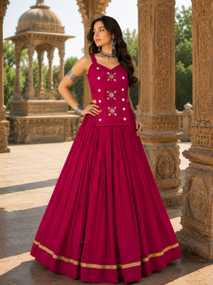 Rani Pink Pure Cotton Navratri Lehenga Choli with Kodi Mirror Work 1