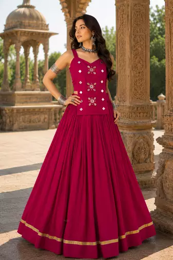 Rani Pink Pure Cotton Navratri Lehenga Choli with Kodi Mirror Work