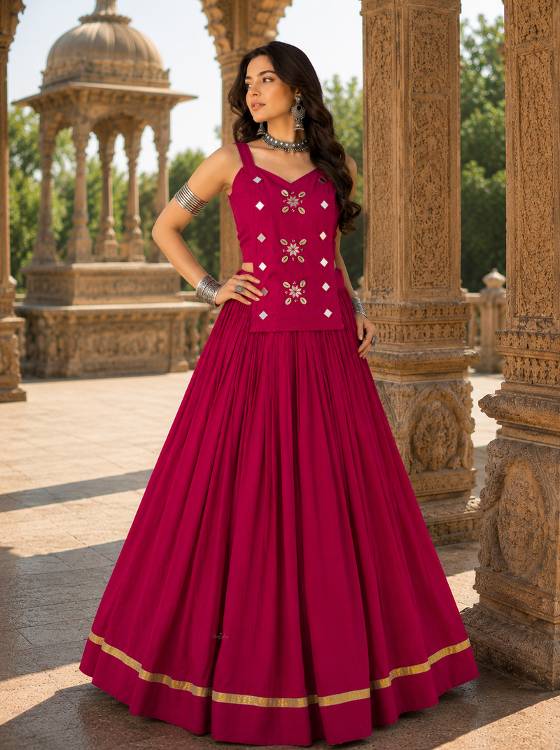 Rani Pink Pure Cotton Navratri Lehenga Choli with Kodi Mirror Work