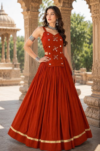 Orange Pure Cotton Navratri Lehenga Choli with Kodi Mirror Work