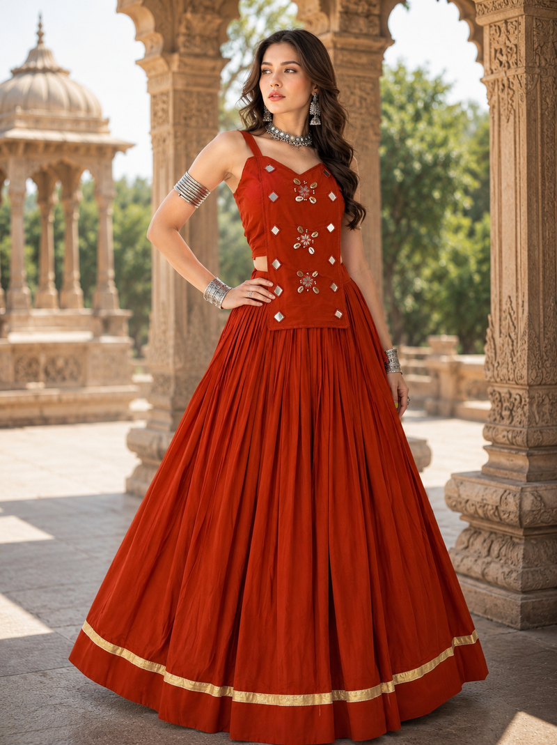 Orange Pure Cotton Navratri Lehenga Choli with Kodi Mirror Work