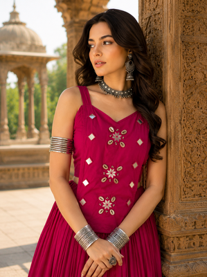 Rani Pink Pure Cotton Navratri Lehenga Choli with Kodi Mirror Work 2