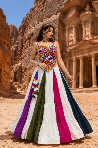 white multicolor kutchi mirror work cotton navratri lehenga 