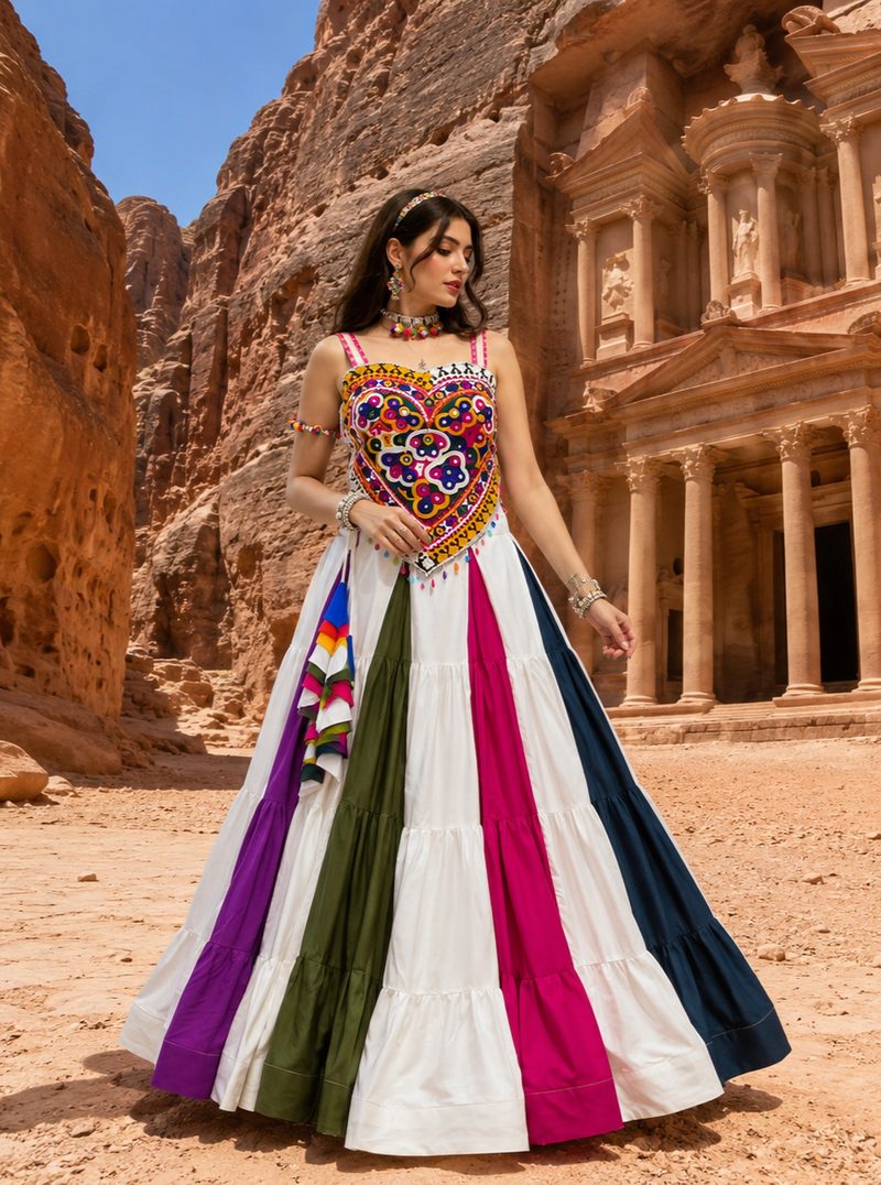 Multicolor Navratri Lehenga Choli Set with Kutchi Mirror Work Pan Blouse