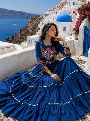 Navy Blue Pure Cotton Gamthi Work Navratri Lehenga Choli with Koti 2