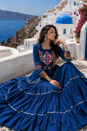 Navy Blue Pure Cotton Gamthi Work Navratri Lehenga Choli with Koti