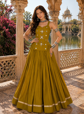 Mustard Pure Cotton Navratri Lehenga Choli with Kodi Mirror Work 1