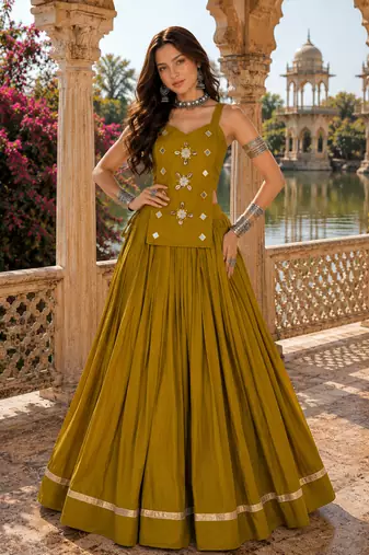 Mustard Pure Cotton Navratri Lehenga Choli with Kodi Mirror Work