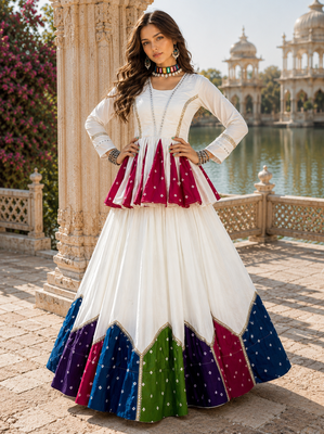 White Navratri Special Designer Pure Cotton Kediyu Lehenga Set 1
