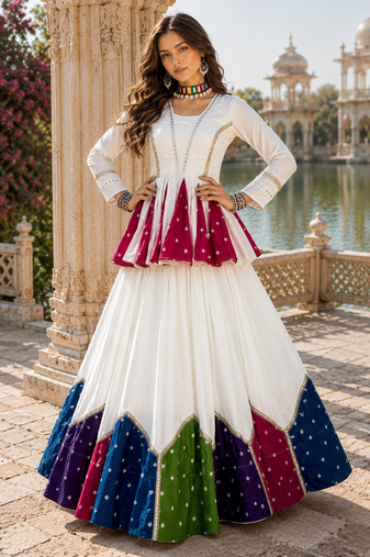White Navratri Special Designer Pure Cotton Kediyu Lehenga Set