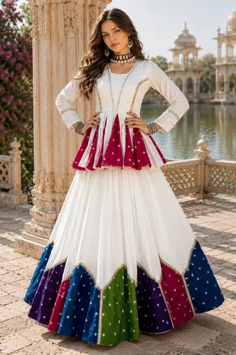 White Navratri Special Designer Pure Cotton Kediyu Lehenga Set