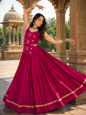 Rani Pink Pure Cotton Navratri Lehenga Choli with Kodi Mirror Work 3