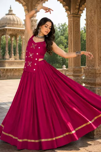Rani Pink Pure Cotton Navratri Lehenga Choli with Kodi Mirror Work