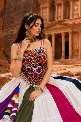Multicolor Navratri Lehenga Choli Set with Kutchi Mirror Work Pan Blouse