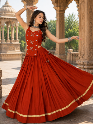 Orange Pure Cotton Navratri Lehenga Choli with Kodi Mirror Work 2