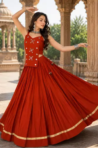 Orange Pure Cotton Navratri Lehenga Choli with Kodi Mirror Work
