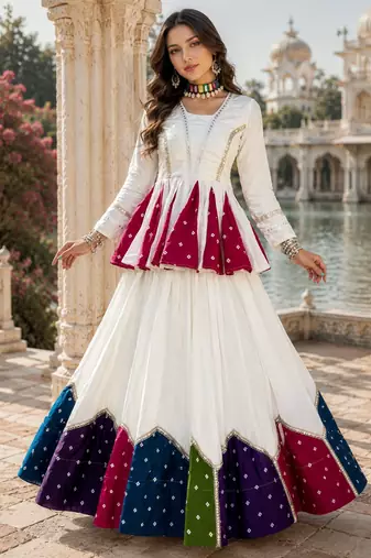 White Navratri Special Designer Pure Cotton Kediyu Lehenga Set