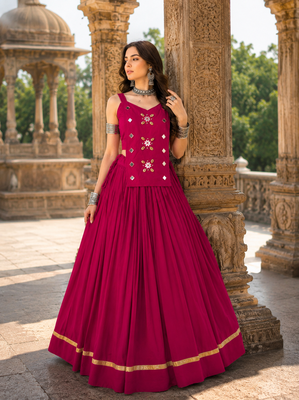 Rani Pink Pure Cotton Navratri Lehenga Choli with Kodi Mirror Work 4