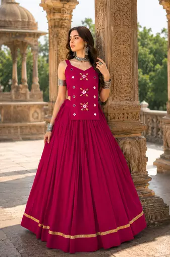 Rani Pink Pure Cotton Navratri Lehenga Choli with Kodi Mirror Work
