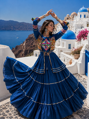Navy Blue Pure Cotton Gamthi Work Navratri Lehenga Choli with Koti 3