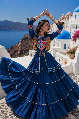 Navy Blue Pure Cotton Gamthi Work Navratri Lehenga Choli with Koti