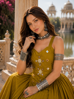 Mustard Pure Cotton Navratri Lehenga Choli with Kodi Mirror Work 2