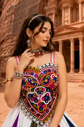 Multicolor Navratri Lehenga Choli Set with Kutchi Mirror Work Pan Blouse