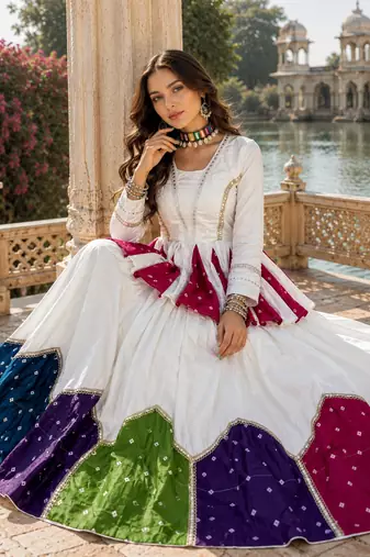 White Navratri Special Designer Pure Cotton Kediyu Lehenga Set