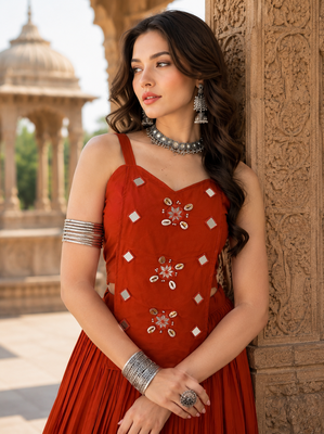 Orange Pure Cotton Navratri Lehenga Choli with Kodi Mirror Work 3