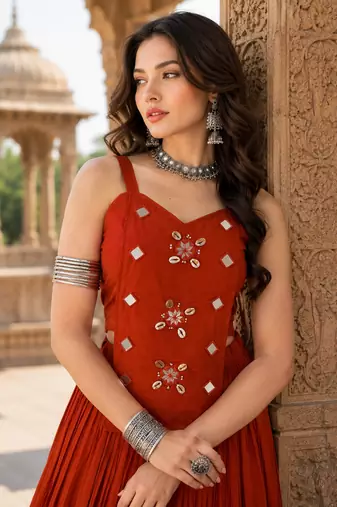 Orange Pure Cotton Navratri Lehenga Choli with Kodi Mirror Work