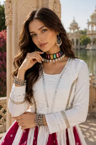 White Navratri Special Designer Pure Cotton Kediyu Lehenga Set